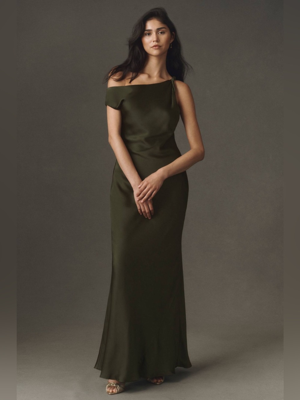 BHLDN Sienna Off-The-Shoulder High-Shine Satin Maxi Dress in Green Anthropology